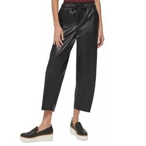 DKNY Black Crop Faux Leather High Rise Wide Leg Elastic Waist Pants L/XL NWT